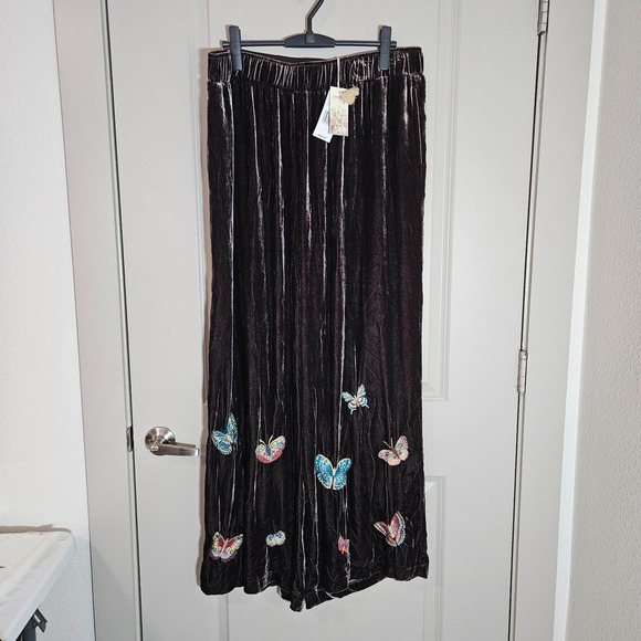 Johnny Was Pants - $365 NEW Johnny Was Velvet‎ Wide Leg Pant XXL Butterfly Embroidered Brown
